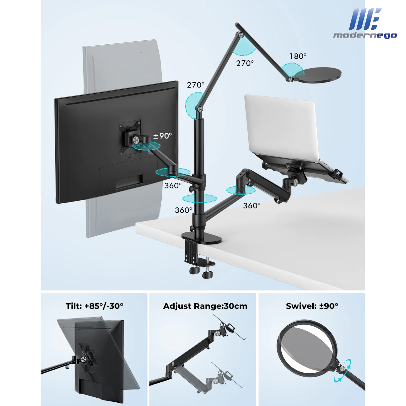 2 in 1 Hybrid Arms for Laptop & Monitor Stand with Light