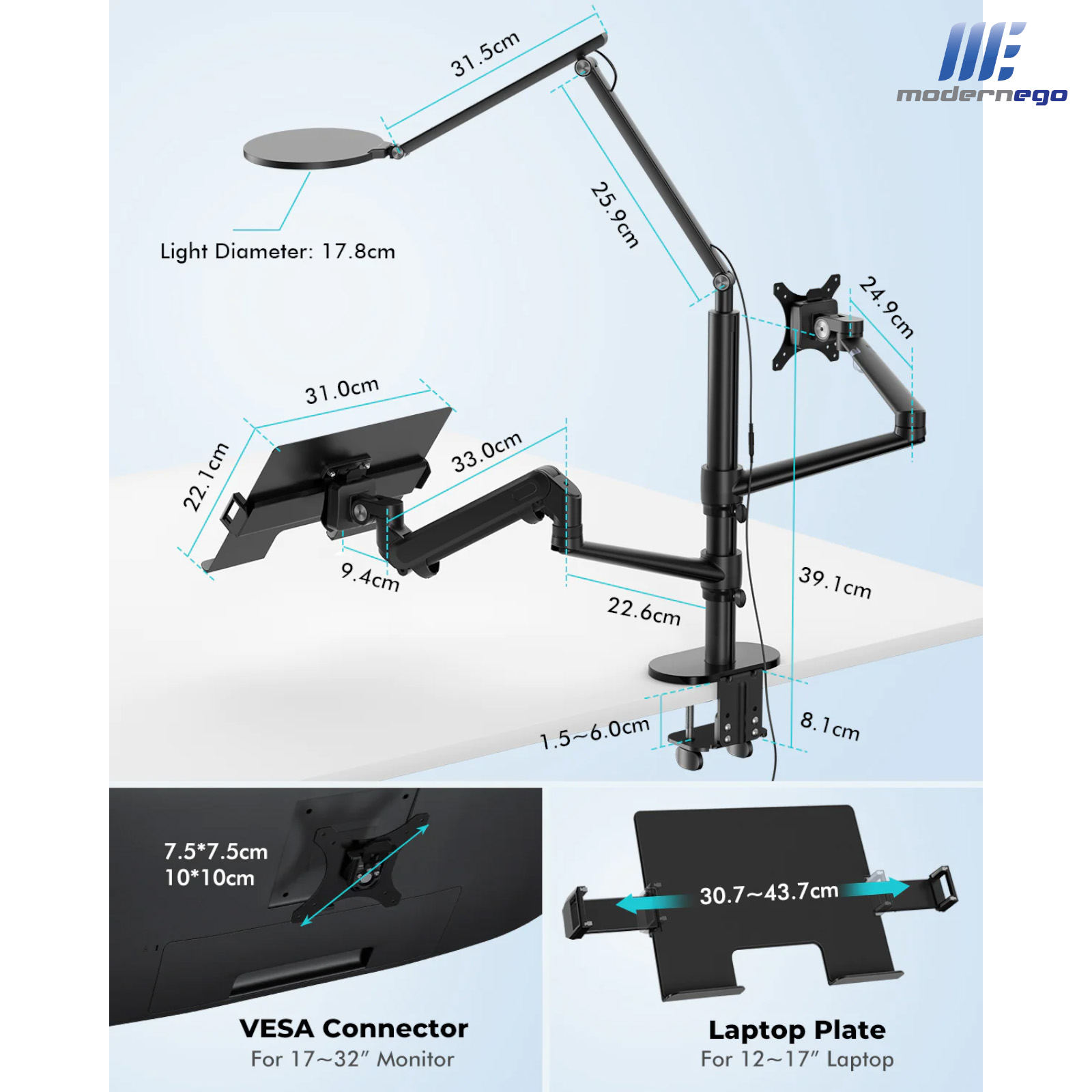 2 in 1 Hybrid Arms for Laptop & Monitor Stand with Light